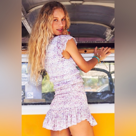 LoveShackFancy Sonora Ruffled Smocked Mini Dress Purple Floral Sz Small NWOT - Picture 3 of 12